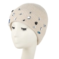 Beige geribbelde gebreide muts voor dames met gekleurde kristallen en warme fleece voering - Volwassene / Beige