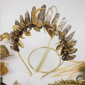 Detailed close-up of a golden leaf crown with raw purple crystals and moon emblem - Smoky Quartz Gold Wire Gold Leaves with Stand Moon