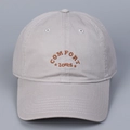 Close-up of COMFORT ZONES embroidery on light gray cotton twill baseball cap - M (56-58cm) / Gray