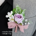 Groom boutonniere with purple rose, green leaves and pink bow on grey tweed suit - Light Purple