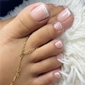 Pink and white French tip press-on toenails with elegant gold toe chain jewelry - Soft Nude Pink French White Edge Gradient Style (XH-112-07)