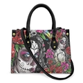 Halloween tote bag with Day of the Dead skull print and red roses floral pattern - Day of the Dead Female Face Rose - Black Strap