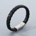 Pulsera trenzada de cuero microfibra negro con cierre magnético plateado para hombre - Cuero Negro Hebilla de Acero