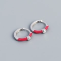 S925 silver minimalist hoop earrings featuring red enamel coating and tiny clear gemstone - Silver Base Red