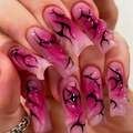 Unghie finte lunghe quadrate fatte a mano con sfumatura rosa e design a fiamma nera - K073【24 Pezzi】 / Confezione (gel In Gel + Strisce Abrasive)