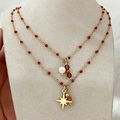 Double-layered 18k gold-plated necklace with star pendant and red natural stone beads - Octagram Pendant / Red