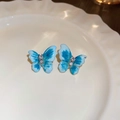 Close-up of blue butterfly enamel stud earrings with zircon on a white ceramic tray - 30# Silver Pin - Blue - Butterfly