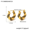 Golden U-shaped twisted titanium steel earrings with black zircons, 3cm height - Large Style (F113) / Gold Black