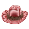 Dettaglio cappello cowboy in paglia a righe rosse e bianche con frange e catena - Taglia unica(56-58cm) / Rosso Bianco Con Corda Antivento (Nappa Caffè)