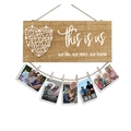 Wooden photo holder display with white heart string art and hanging clips for home decor - Our Life Story