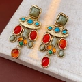 Close-up of vintage flower earrings with colorful beads and golden hammered metal texture - 16# Silver Pin-Gold-Brown-Vintage Hammered Gemstone
