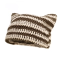 Brown and beige striped hand-knitted cat ear beanie for women with devil horn style - One Size / Beige Coffee