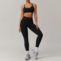 Two-piece black yoga set featuring double thin strap sports bra and high-waist leggings - Premium Black (Bra + Leggings)