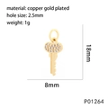 Detailed view of gold plated brass key pendant with pave set zirconia and size dimensions - P01264-Zirconia Inlaid Key
