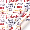 Birthday wrapping paper featuring hand-drawn party elements like cakes and candles - Happy Birthday Typography