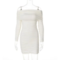 Close-up of white off-shoulder mini dress featuring elastic ruched fabric and long sleeves - M / Apricot