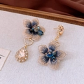 Detailed shot of vintage blue embroidered flower earrings with champagne crystals - 4# Silver Earring Post - Gold - Blue Embroidery - Champagne Zircon