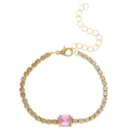 Gold claw bracelet with rectangular pink gem and clear crystals in minimalist style - Tennis Chain Style / Gold + Pink Zirconia