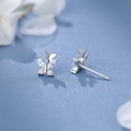 Sparkling S999 sterling silver butterfly stud earrings with white zircon stones - S999 Fine Silver Inlaid with White Zirconia / Platinum Color (E4211)