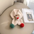Kids plush Christmas scarf in beige featuring a 3D reindeer and colorful pom-poms - Reindeer (Khaki)