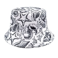 Detail of white bucket hat with black sea shells and starfish illustrations printed on fabric - M(56-58cm) / White