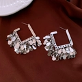 Silver geometric square earrings with tiered teardrop sequin tassels on brown silk - Silver Geometric Square Layered Sequin Style (41#)