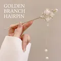 Elegant gold hair stick with white blossom and pearl tassels for traditional hairstyles - 159# Rose Branch Tassel - Gold