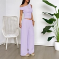 Purple two-piece casual resort set with one-shoulder top and wide-leg trousers - XS / Purple