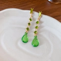 Pendientes vintage dorados con piedras verdes y perla grande en forma de gota verde - 20# Pendientes de Botón de Borla de Gota de Agua Geométricos con Diamantes y Pin de Plata