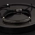 Adjustable black braided rope bracelet featuring a bar paved with black cubic zirconia - Steel Color Long Plate