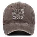 Macro shot of Life is Better with Cats white embroidery on coffee cotton baseball cap - Coffee