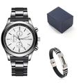 Coffret montre homme avec cadran blanc, bracelet en acier noir et gourmette assortie - Cadran Blanc + Bracelet à Boucle Argentée + Boîte à Grain de Litchi