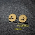 Minimalist gold bird on branch circular studs in polished stainless steel for women - 094 Bird in Circle / Gold