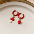 Asymmetric red mushroom and fruit pendant earrings with gold hoops and enamel finish - 137# Asymmetric Mushroom and Apple (Silver Earring Post) / Red/White/Gold