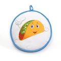 Round tortilla warmer bag featuring a cartoon taco print and blue fabric trim - Taco Cartoon