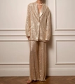 Tailleur scintillant à paillettes dorées pour femme avec blazer et pantalon large fluide - Ensemble Or