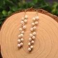 Elegant 18k gold plated long freshwater pearl drop earrings with geometric tassel design - Long Tassel / Natural White Pearl