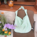 Summer bubble textured tote bag in light green checkered pattern with shoulder strap - Green
