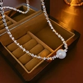 Modern silver link necklace featuring a lustrous white pearl and irregular silver beads - Silver Triangle Fragmented Silver Imitation Pearl (2#)