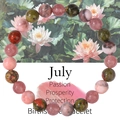 Detail of 8mm natural stone birthstone bracelet with July theme card and floral design - July