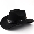 Close-up of black suede cowboy hat featuring a silver lion head metal buckle and textured band - M (56-58cm) / Black