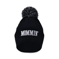Black ribbed knit beanie with MOMMIN embroidery and a large mixed-color pom-pom - Black