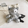 Silver cat ear plush crossbody bag with metallic finish, punk rivets and heart pendant - Silver