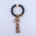 Silicone bead keychain wristlet with sunflower pattern tassel and wooden geometric bead - Sunflower