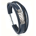 Bracciale multistrato in pelle intrecciata retrò da uomo con chiusura magnetica argento - Blu