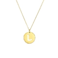 Macro detail of a gold-plated stainless steel round pendant featuring a cutout letter L - Letter L / Gold