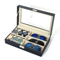 Black leather watch and eyewear storage box with 6 slots and 3 glass display sections - 6+3 Black/Beige