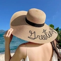 Classic khaki straw sun hat with black ribbon and Greeting embroidery for beach vacations - M (56-58cm) / Khaki With Sequin