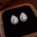 Silver flower cluster stud earrings featuring teardrop crystal and marquise stones - Sunflower Teardrop / Silver
