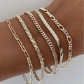 Gold-plated stainless steel bracelet set featuring paperclip, cuban and snake chain designs - Gold 5-Piece Set (GS)